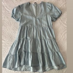 Tiered Linen Blend Dress Light Blue